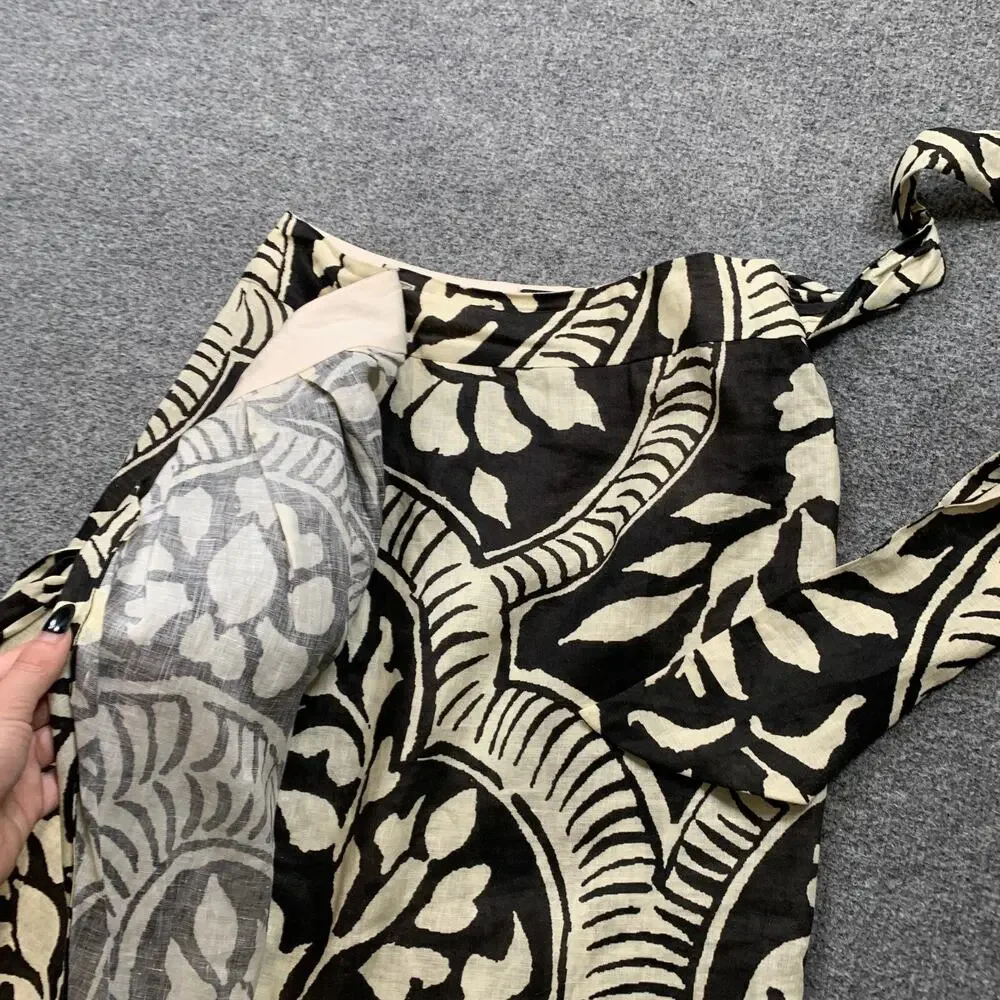Johanna Ortiz Skirt Women 6 Espresso Cream Zebra Found In India Wrap Tie Linen